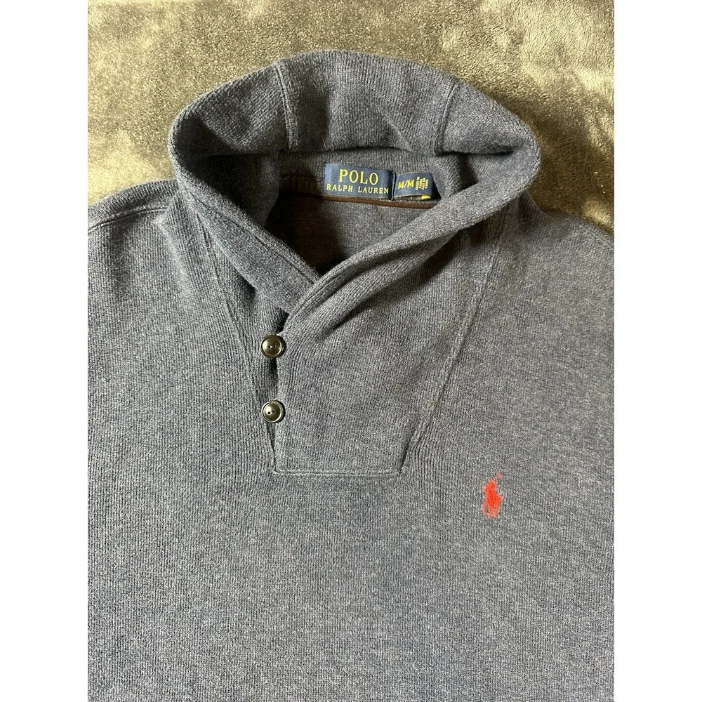 POLO Ralph Lauren Sweater Mens Gray Large 100% Cotton‎ 2 Button Collar Neck